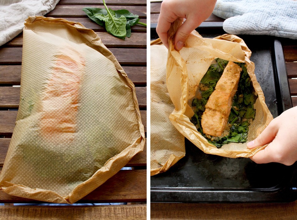 Easy Parchment Salmon with Spinach • Happy Kitchen