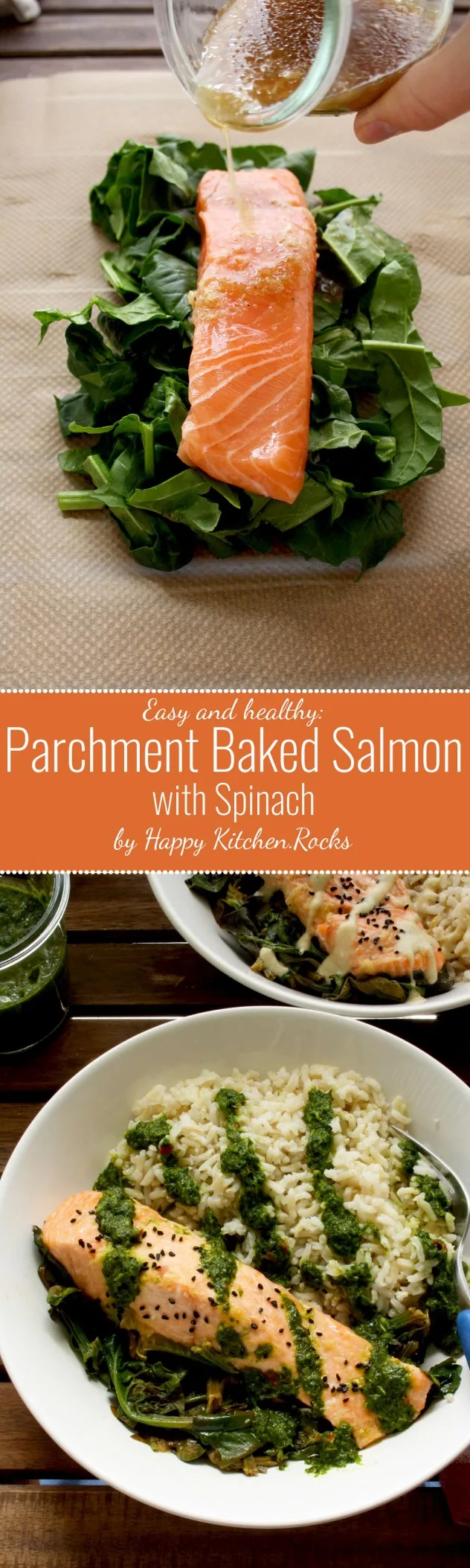 Easy and healthy parchment salmon baked with spinach and ginger-garlic sauce: a 20-min recipe of a delicious, quick and nutritious go-to weeknight dinner. Gluten free, low carb, low fat.