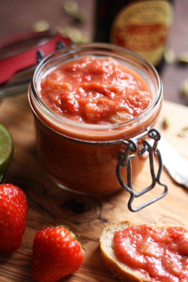 Rhubarb Chutney with Strawberries and Ginger Closeup on the Indian Rhubarb Chutney