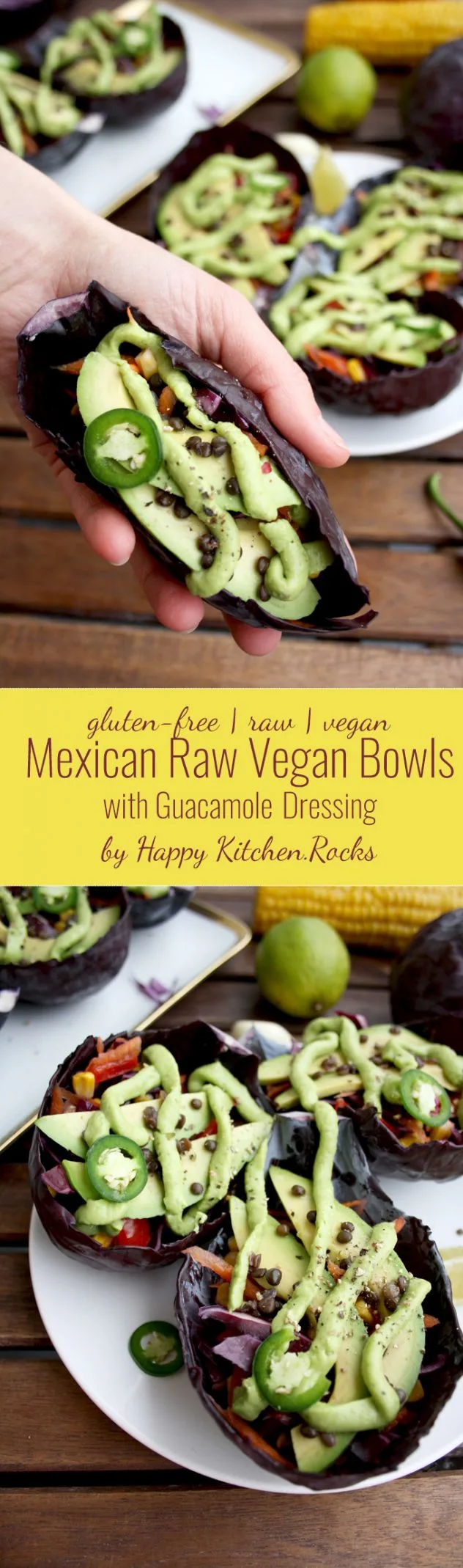 Mexican Raw Vegan Bowls with Guacamole Dressing Served in Cabbage Leaves: Easy and healthy mess-free snack full of Mexican flavors, nutrients and veggie goodness.