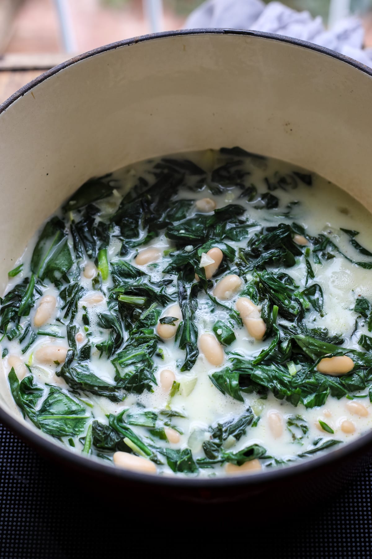 Wild garlic beans soup in a pot.