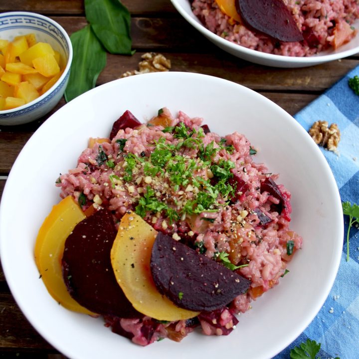 Beetroot Risotto with Goat Cheese, Wild Garlic and Walnuts