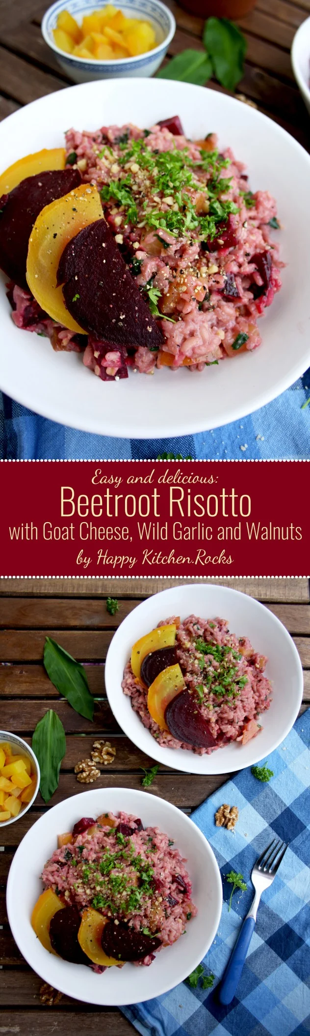 Creamy Beetroot Risotto with Goat Cheese, Wild Garlic and Walnuts is a delicious and colorful way to combine winter and spring flavors. Ready in 30 minutes! Gluten-free, vegetarian, healthy.