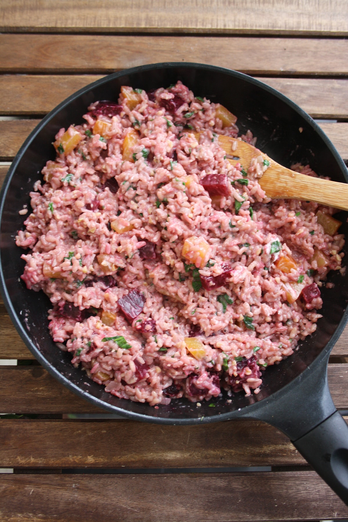 Beetroot Risotto with Goat Cheese, Wild Garlic and Walnuts • Happy Kitchen