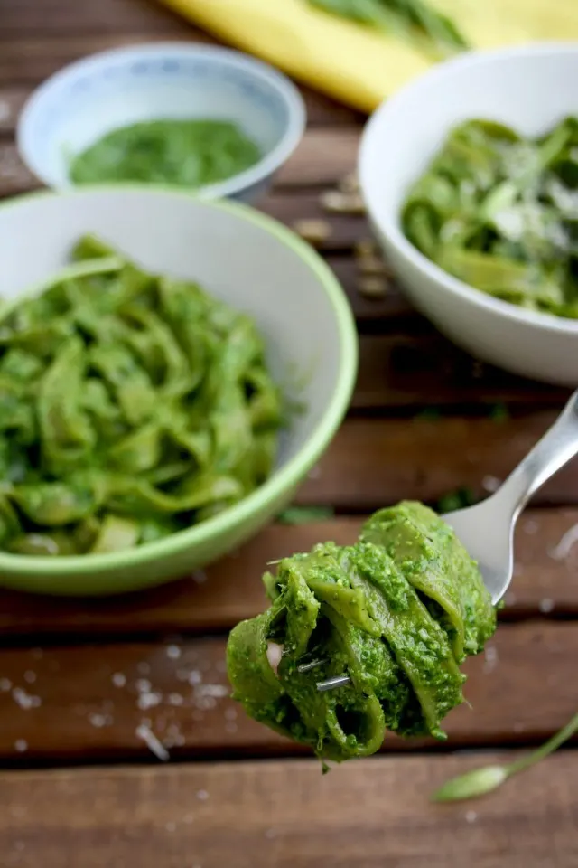 Easy Green Pesto Pasta on a Fork - Take One Bite