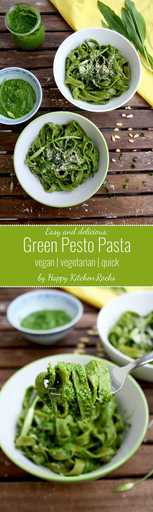 Easy Green Pesto Pasta with Wild Garlic: Quick and healthy vegetarian (or vegan) dinner full of spring flavors ready in just 10 minutes with 4 ingredients!