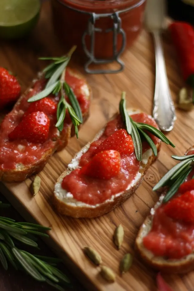 Goat Cheese Crostini with Rhubarb Chutney - Three Crostini in Line Decorated with Rosemary