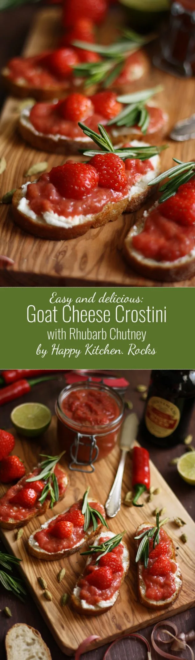 Tender goat cheese paired with tangy and sweet rhubarb chutney spread over fresh crusty ciabatta bread: the best goat cheese crostini ready in 10 minutes!