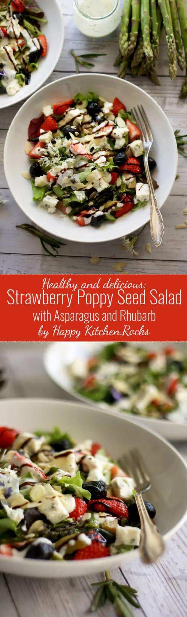 Spring Strawberry Poppy Seed Salad with roasted asparagus, rhubarb, gorgonzola cheese, olives and almonds is incredibly delicious, healthy and takes no more than 30 minutes to make! Perfect for light lunch! Low carb and vegetarian.