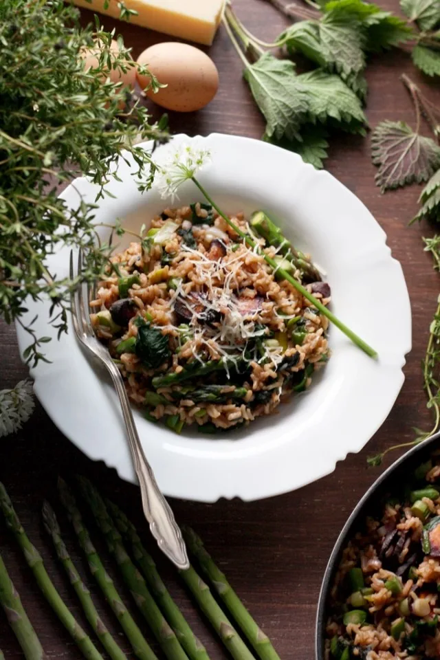 Spring Brown Rice Risotto Overhead Shot with Lots of Greens in the Frame