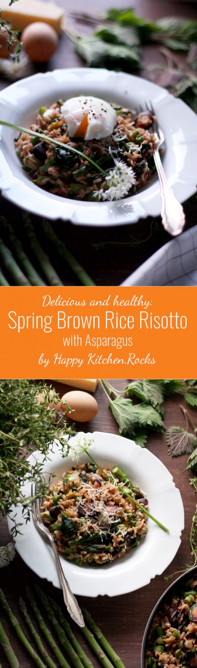 Delicious and easy spring brown rice risotto with spring greens, carrots and asparagus. Healthy gluten-free dinner packed with spring flavors!