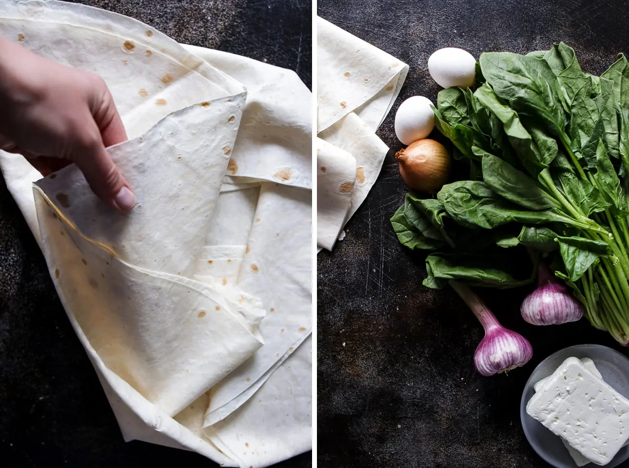 Ingredients for Borek, Yufka sheets, spinach, garlic, onion, eggs, feta cheese