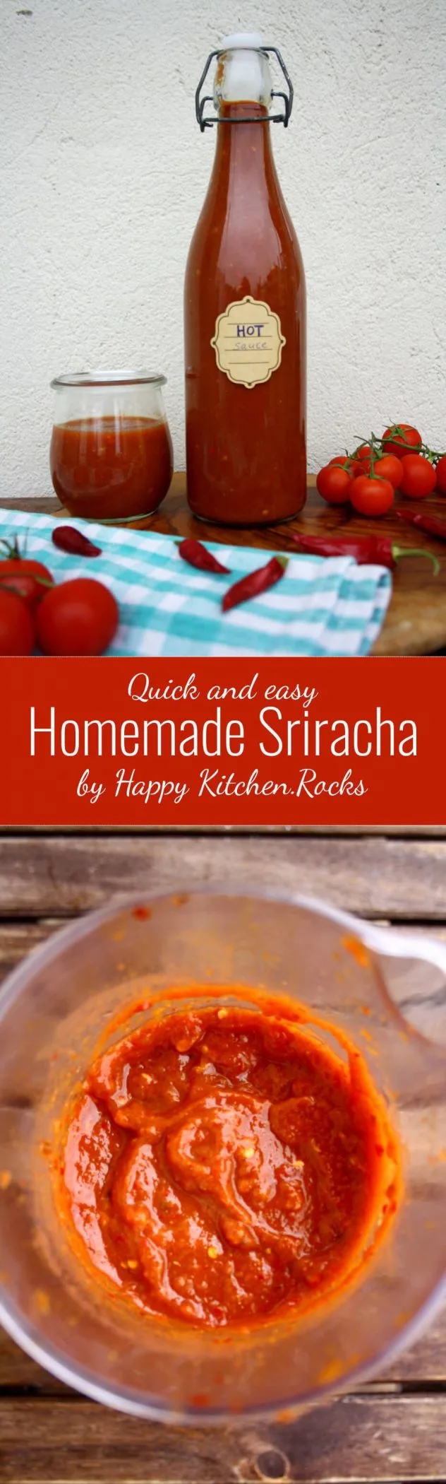 Quick and easy Homemade Sriracha sauce, perfect for any kind of grilled meat or seafood, burgers, eggs, noodles, fried rice and as a dipping sauce.