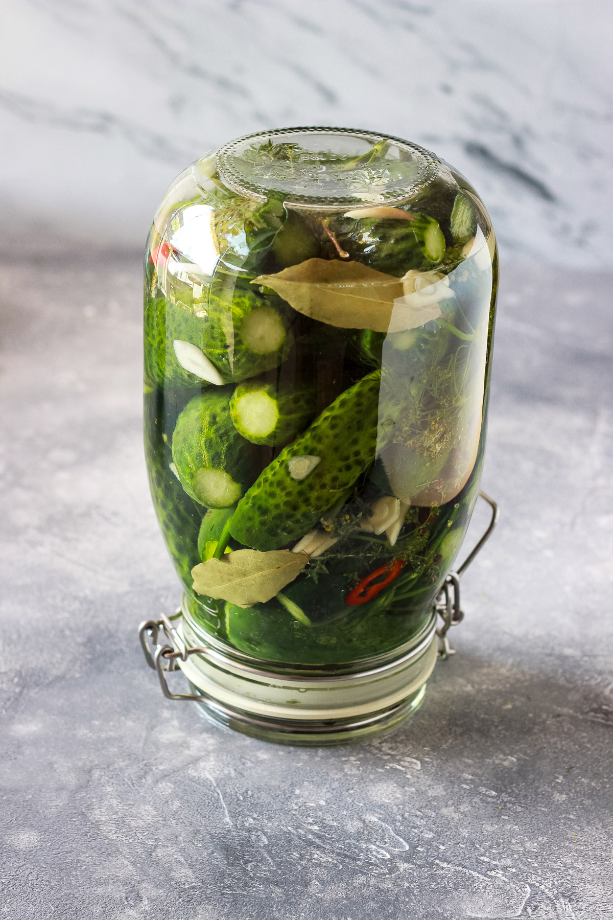 A jar of Russian pickles upside down