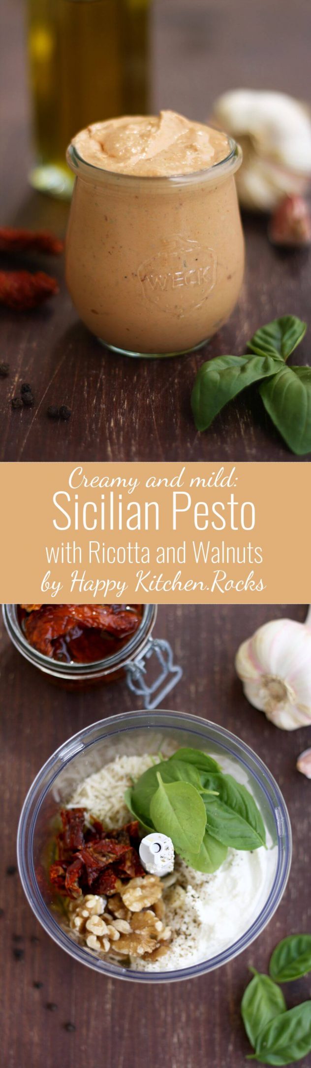 Creamy Sicilian Pesto with Ricotta and Walnuts has mild and delicate flavor and is perfect with pasta, sandwiches or vegetables. 10-minute easy recipe.