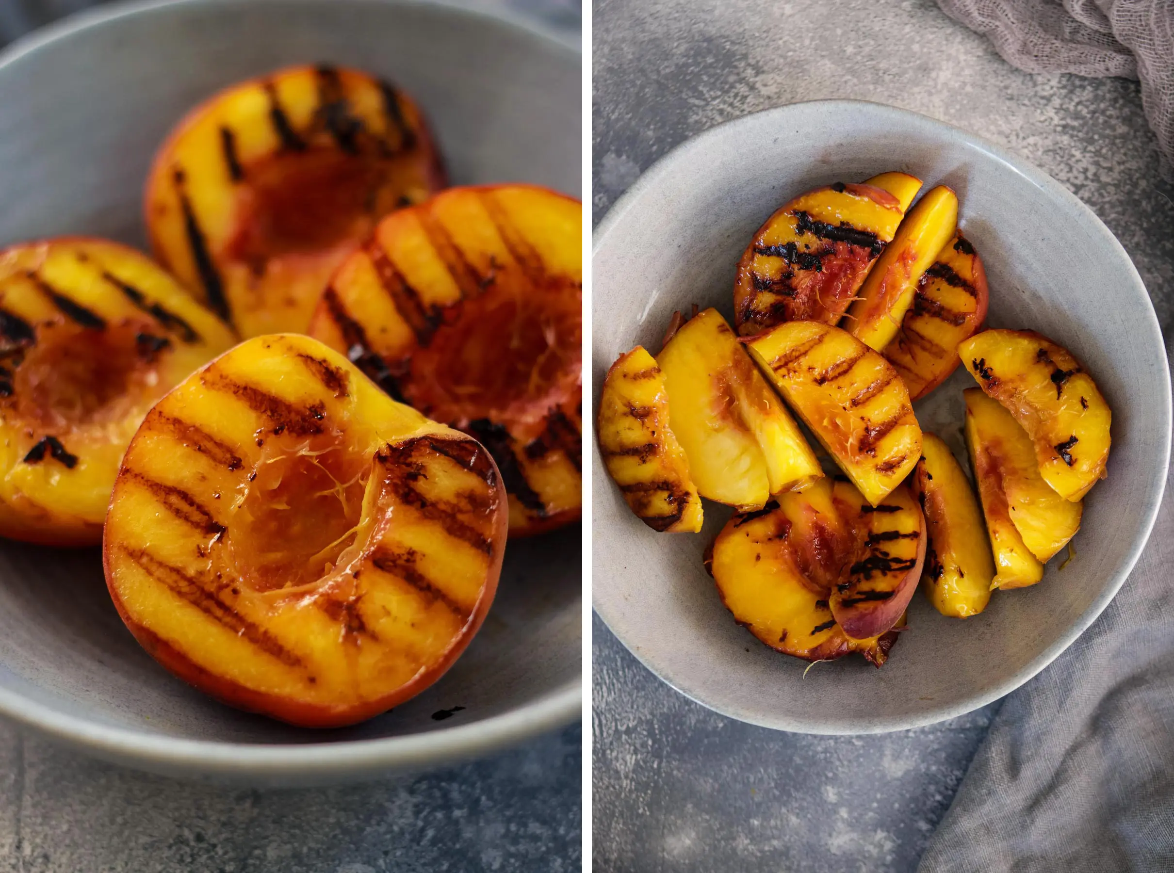 Grilled Peaches Next to Sliced Grilled Peaches in a Bowl