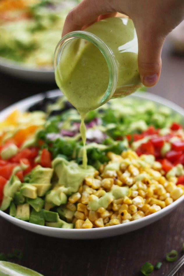 Easy and delicious gluten-free recipe of a vegan Mexican chopped salad with avocado dressing. Perfect lunch salad, packed with dietary fiber and protein.