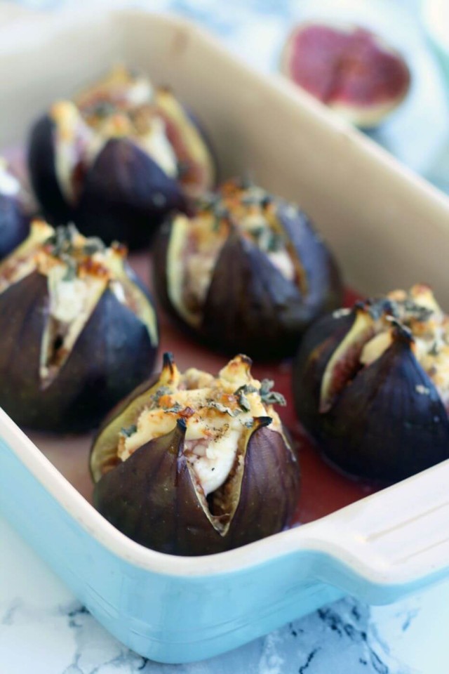 Easy 15-minute Baked Figs with Goat Cheese, walnuts, honey and sage recipe. These baked figs make for an elegant savory appetizer your guests will love!