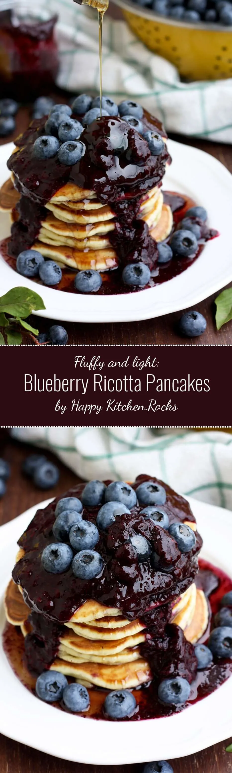 Blueberry Ricotta Pancakes Super Long Collage of Two Images and Text Overlay