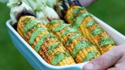 Grilled corn with avocado dressing