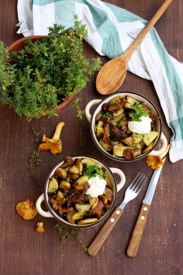 Russian Pan-Fried Potatoes with Wild Mushrooms Overhead Shot on Two Serves with a Green Plant Next to Them