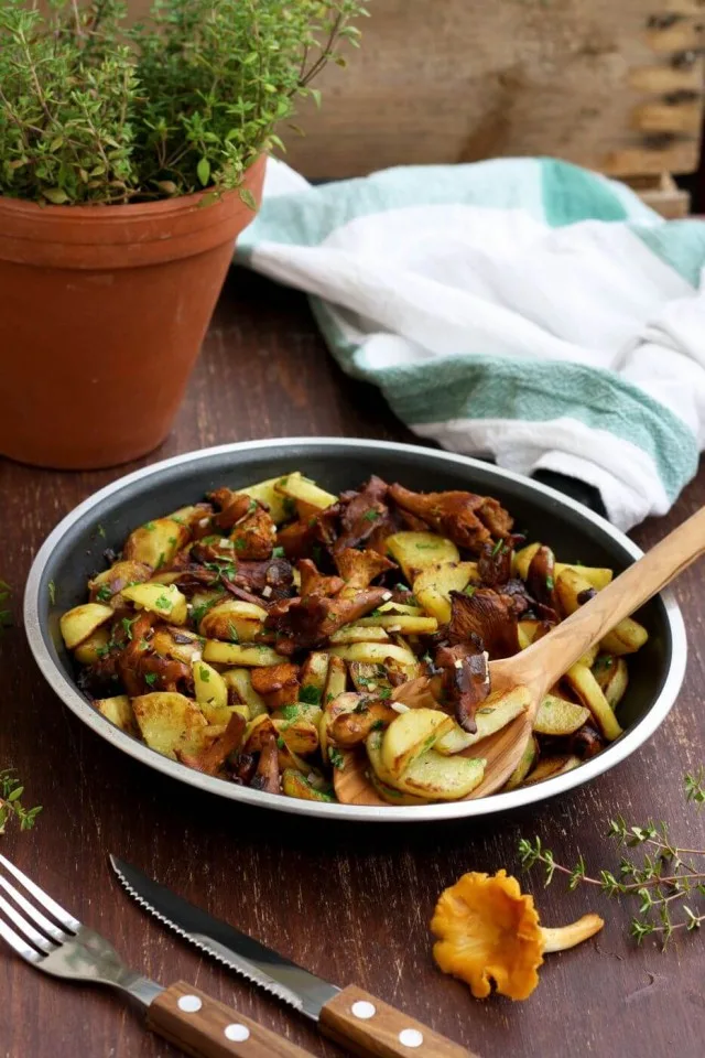 Russian Pan-Fried Potatoes with Wild Mushrooms Served in a Pan