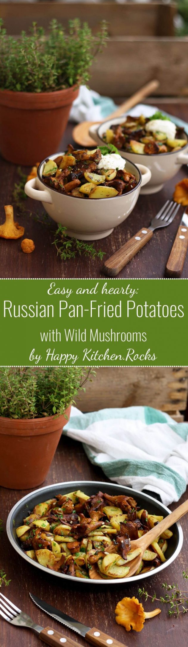 Russian pan-fried potatoes with wild mushrooms, onions, garlic and herbs are super flavorful, hearty and comforting. This easy step-by-step recipe only takes 30 minutes to make!