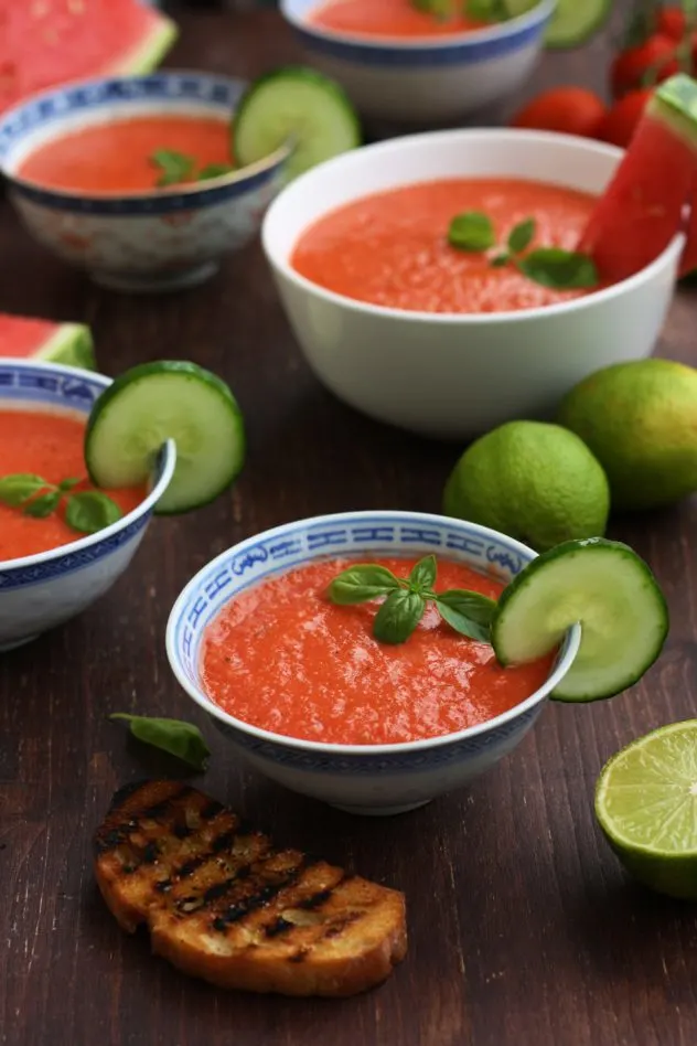 Refreshing and light watermelon gazpacho is a perfect vegan and raw summer soup. This easy recipe only takes 15 minutes to make!