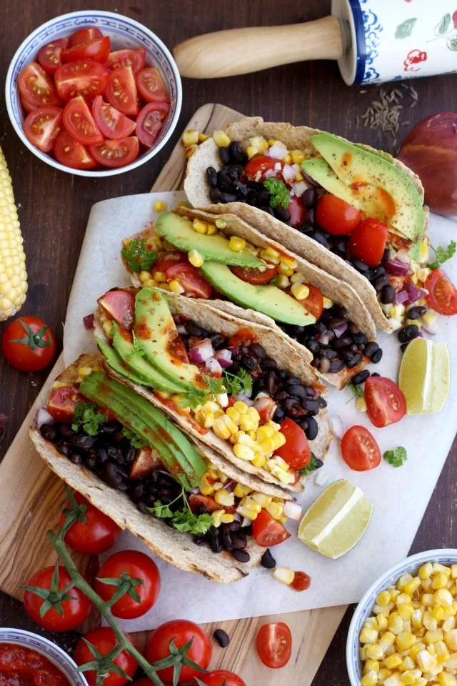 Vegan Tacos in a Row with Garnishes