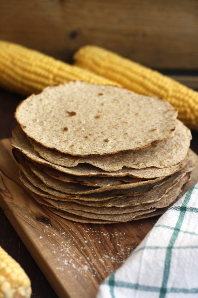 Homemade Whole Wheat Tortilla with Corn in the Background