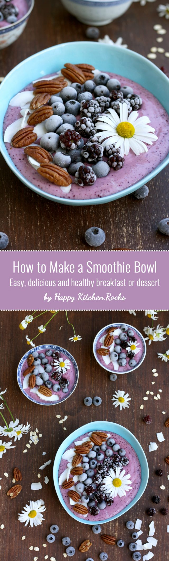 Easy and delicious 5-minute smoothie bowl recipe with customizable ingredients. Kid-friendly, nutritious and satisfying vegan breakfast, dessert or snack.