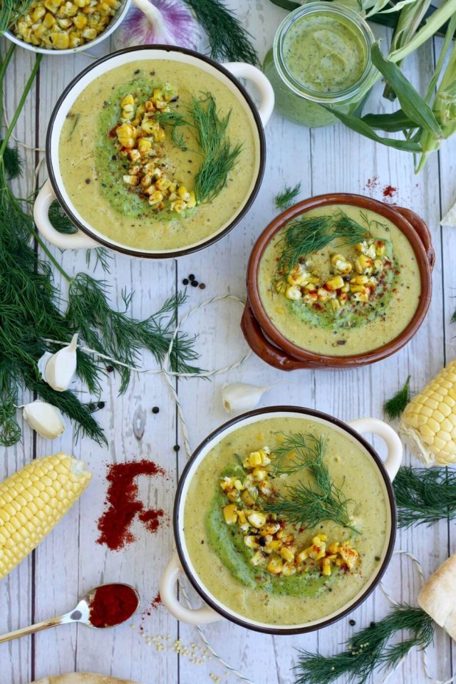 Incredibly creamy and easy vegan corn chowder recipe is ready in under 30 minutes. This smoky corn chowder is made of corn, zucchini, bell peppers, potatoes, coconut milk and millet. Perfect soup for early fall!