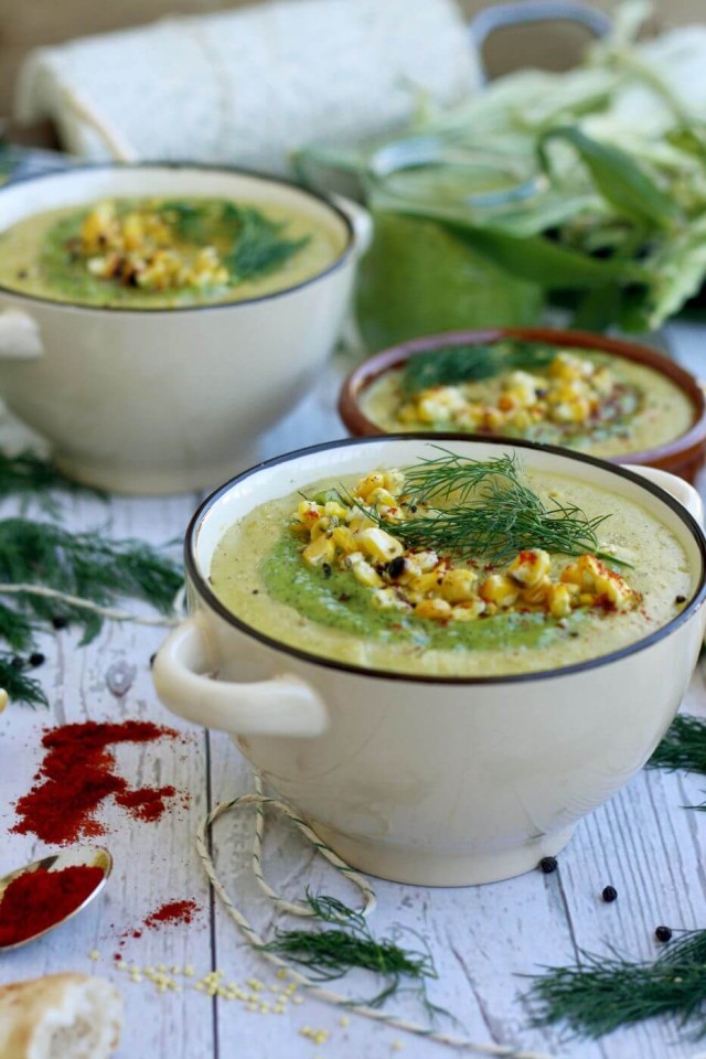 Incredibly creamy and easy vegan corn chowder soup recipe is ready in under 30 minutes. This smoky corn chowder is made of corn, zucchini, bell peppers, potatoes, coconut milk and millet. Perfect soup for early fall!