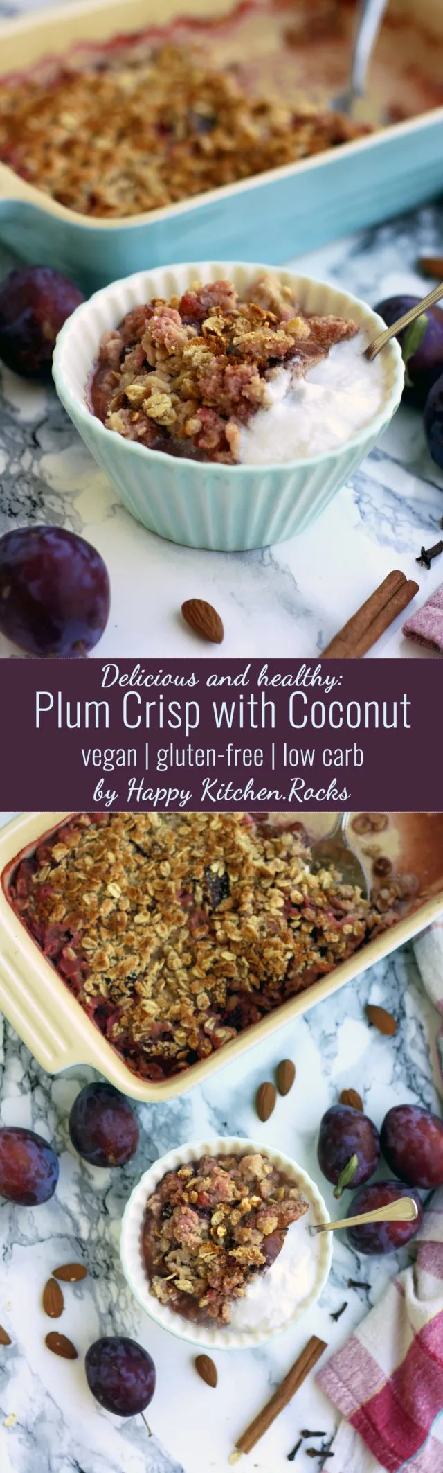 Delicious, vegan and gluten-free plum crisp with coconut makes for a great healthy dessert or breakfast. Easy 45-minute recipe from start to finish!