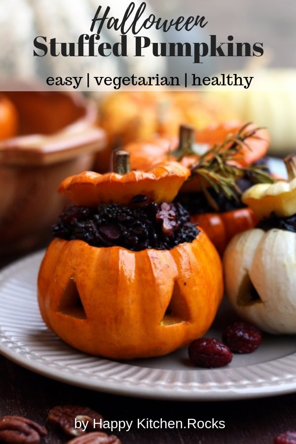 Easy Halloween carved pumpkins with wholesome wild rice stuffing. Serve these spooky kid-friendly stuffed pumpkins for a healthy holiday treat! #halloween #pumpkin #funfood #vegetarianrecipe #fallrecipes