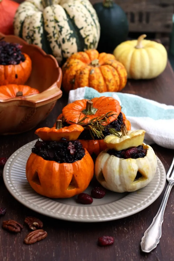Halloween stuffed mini pumpkins with wild rice broccoli cranberries feta cheese healthy vegan gluten-free