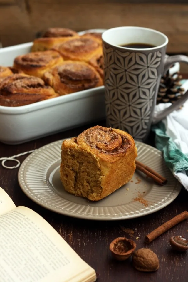 Healthy Cinnamon Sweet Potato Rolls - with a Cup, Tray and Book Aside
