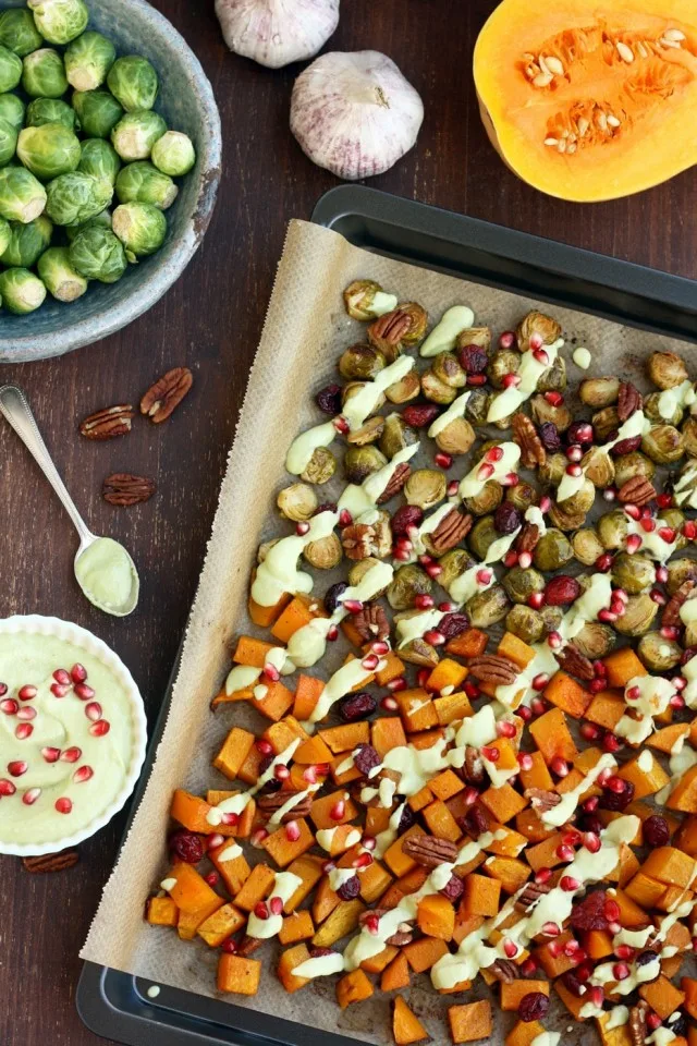 Roasted Brussels Sprouts with Butternut Squash Overhead - Ready to Be Served