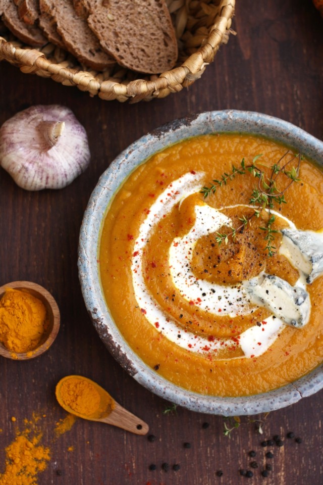 Roasted Butternut Squash Soup with Garlic and Spices on the Table