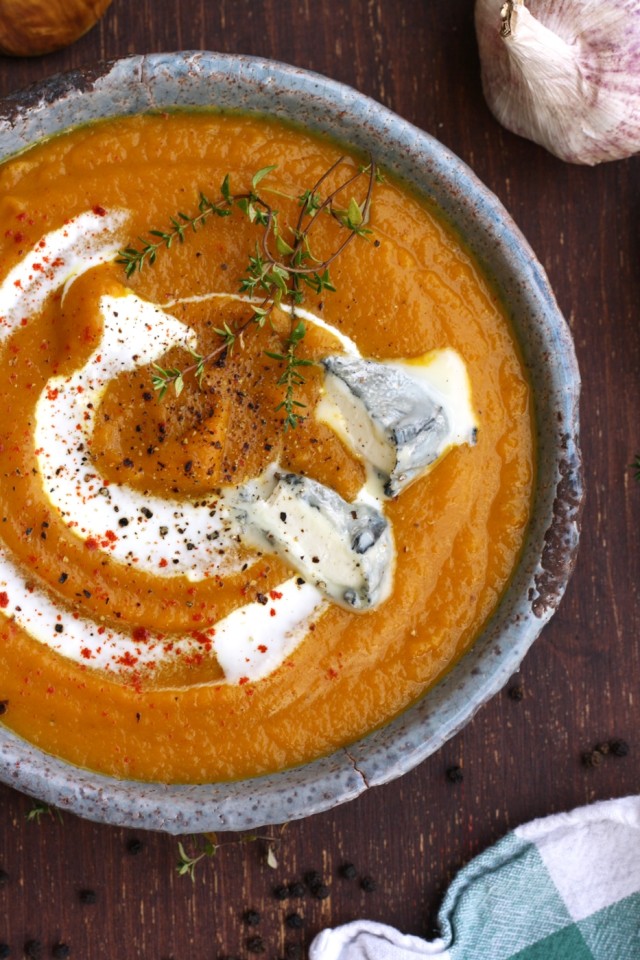 Roasted Butternut Squash Soup Garnished with Goat Cheese