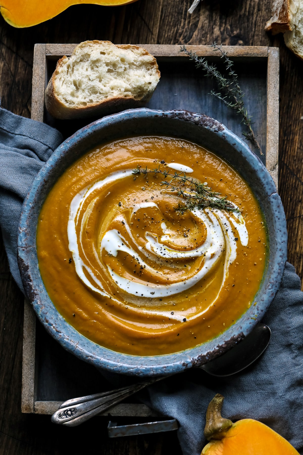 Roasted Butternut Squash Soup Served with Bread.
