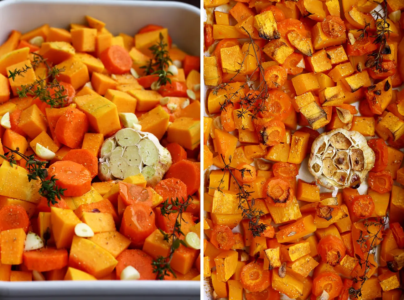 Roasted Butternut Squash and Garlic Before and After.
