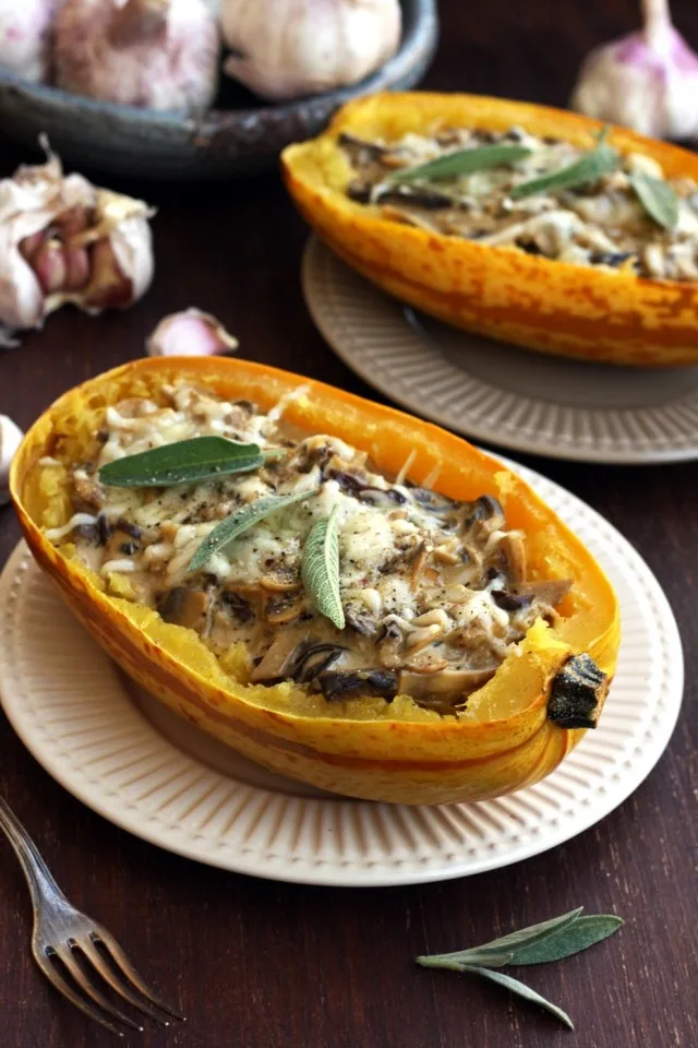 Roasted Spaghetti Squash with Mushrooms Served in Two Plates with Two Forks