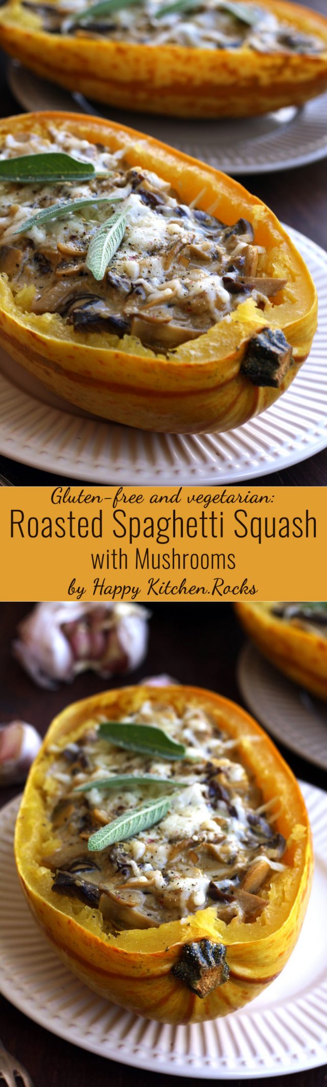 Easy and delicious roasted spaghetti squash with mushrooms made with 9 simple ingredients. Great vegetarian and gluten-free dinner recipe ready in 1 hour from start to finish!