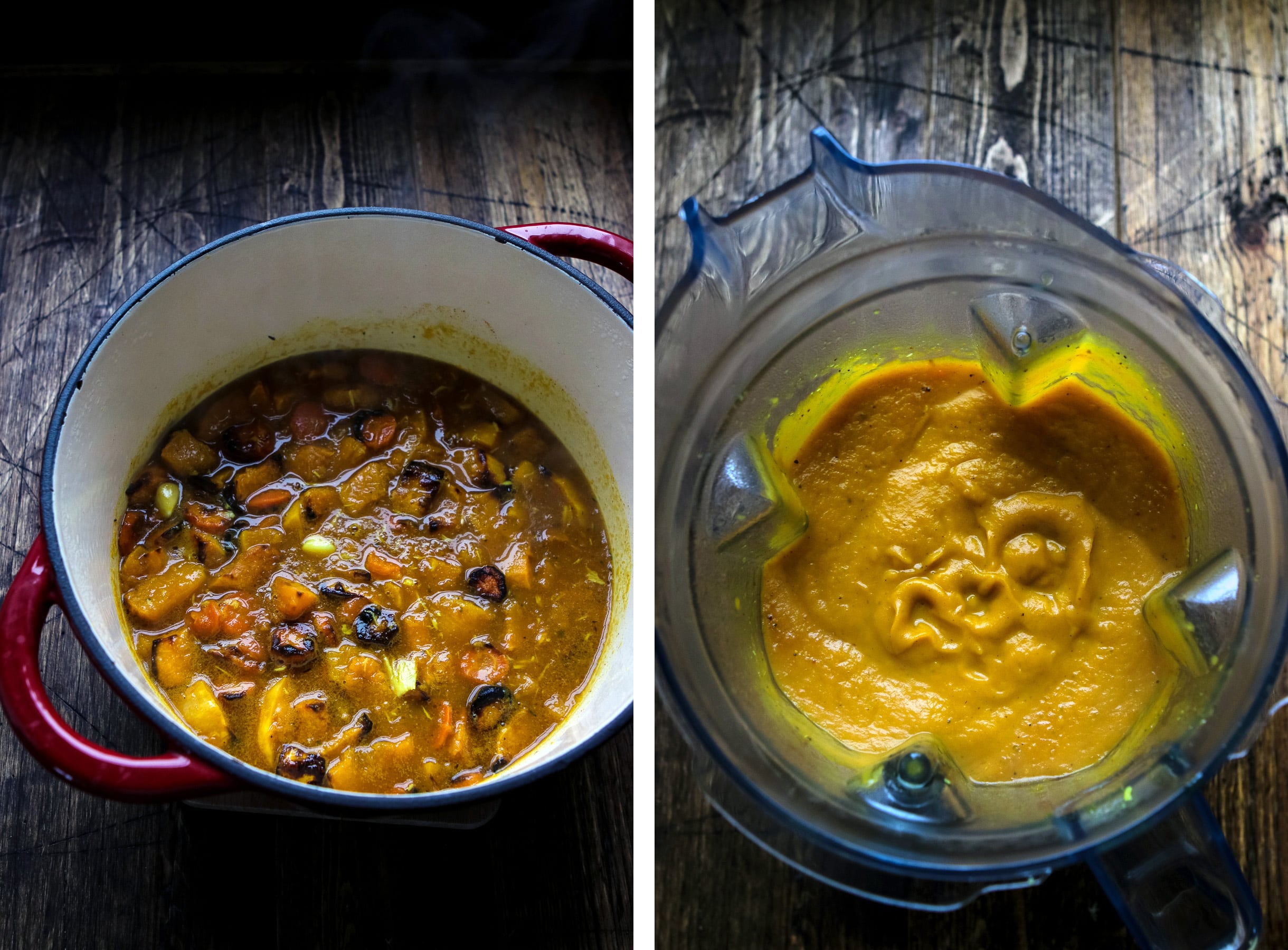 Vegan squash soup before and after blending.