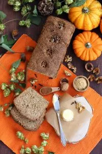 Healthy Pumpkin Bread with Walnuts - Beautiful Overhead Revealing All the Ingredients on the Table.