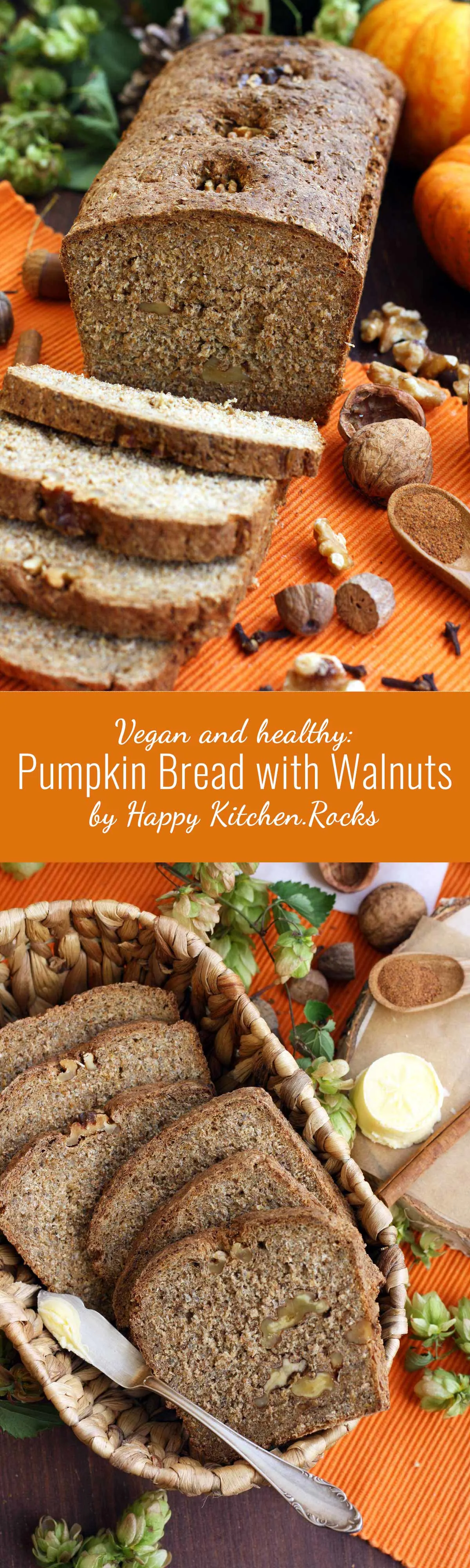 Healthy Pumpkin Bread with Walnuts - Super Long Collage of Two Images and Text Overlay
