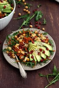 Healthy Sweet Potato Noodle Salad with Chickpeas and Rocket - Sharp and Clean Shot of the Dish on the Brown Table