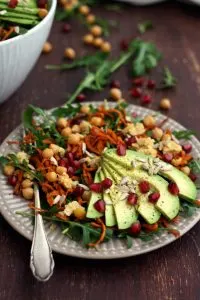 Healthy Sweet Potato Noodle Salad with Chickpeas and Rocket - with a Fork in the Plate and Ingredients on the Table