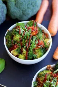 Simple Vegan Quinoa Fried Rice with Carrots and Broccoli at the Side